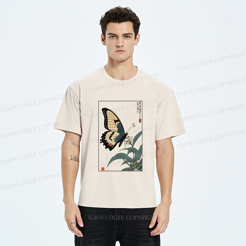 Tokyo-Tiger Ukiyo-e Butterfly Washed T-Shirt