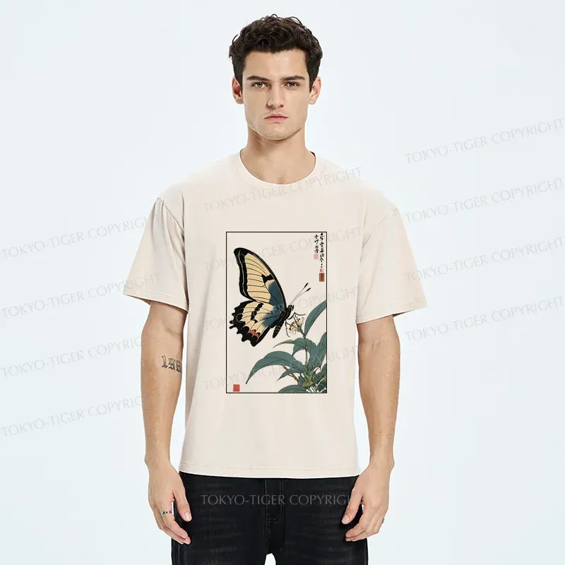 Tokyo-Tiger Ukiyo-e Butterfly Washed T-Shirt