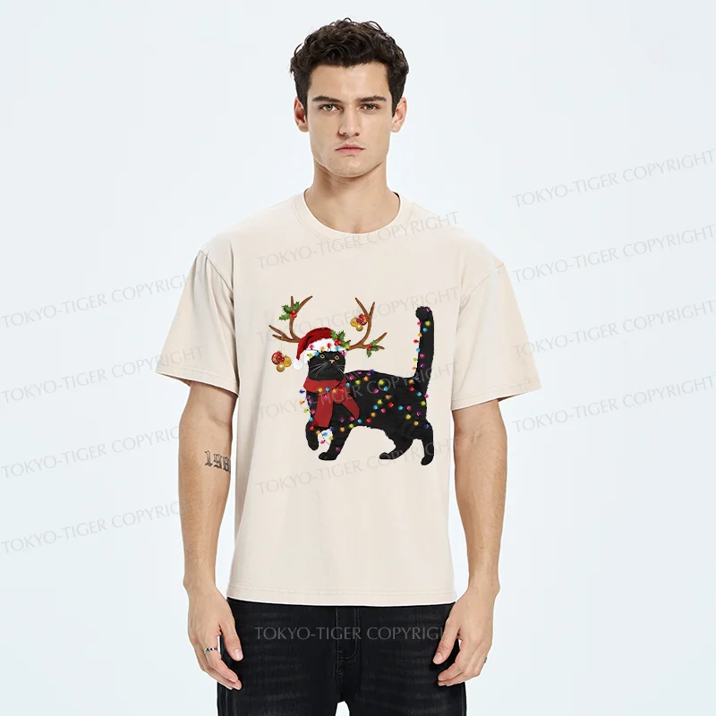 Tokyo-Tiger Christmas Black Cat Washed T-Shirt