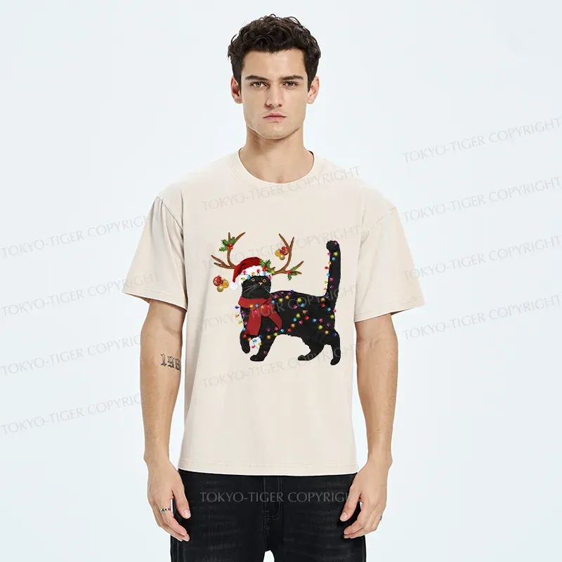 Tokyo-Tiger Christmas Black Cat Washed T-Shirt