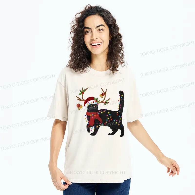 Tokyo-Tiger Christmas Black Cat Washed T-Shirt