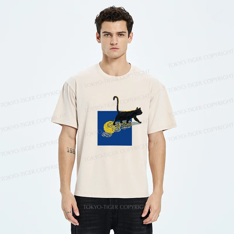 Tokyo-Tiger Black Cat Under The Moon Washed T-Shirt