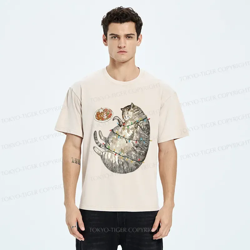Tokyo-Tiger Dress The Cat Up In Christmas Spirit Washed T-Shirt