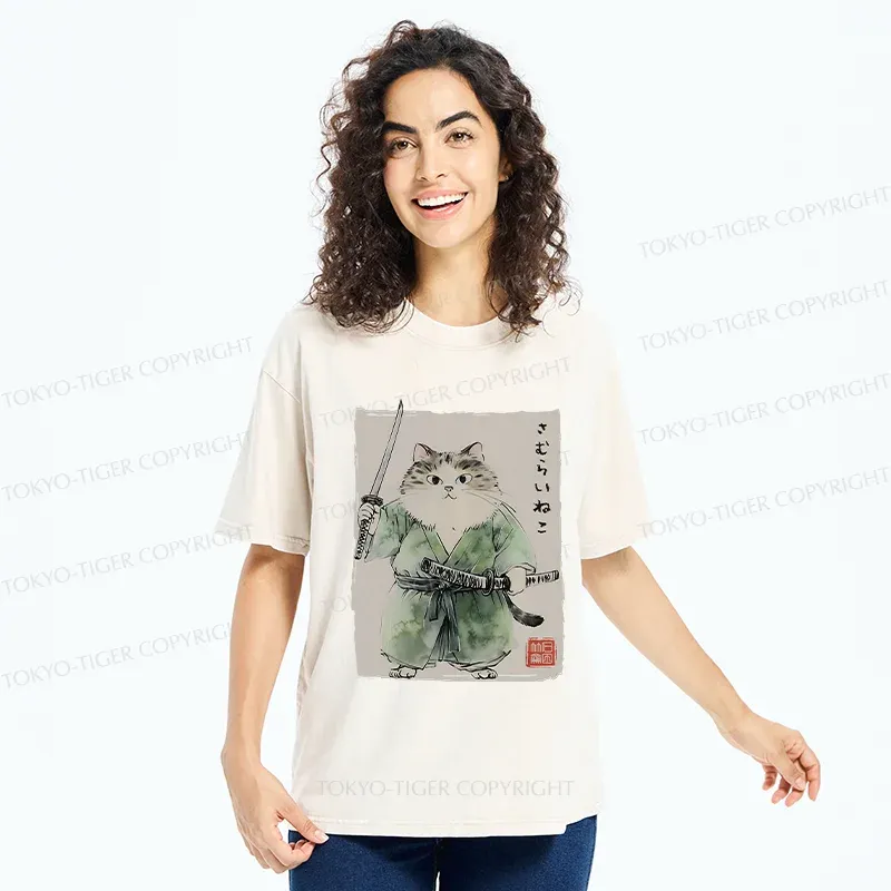 Tokyo-Tiger Fat Cat Samurai Washed T-Shirt