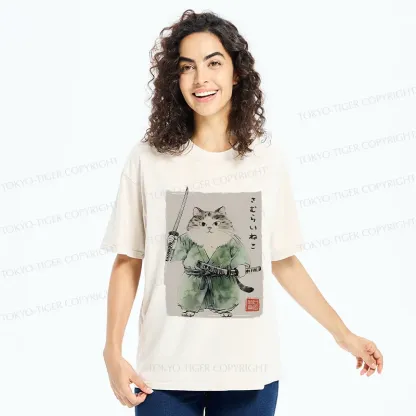 Tokyo-Tiger Fat Cat Samurai Washed T-Shirt