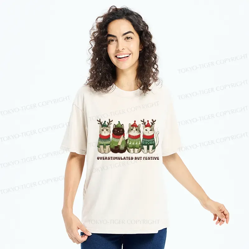 Tokyo-Tiger Overstimulated But Festive Cat Christmas Washed T-Shirt