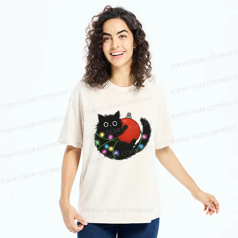 Tokyo-Tiger Black Cat Entangled In Light Strips Washed T-Shirt