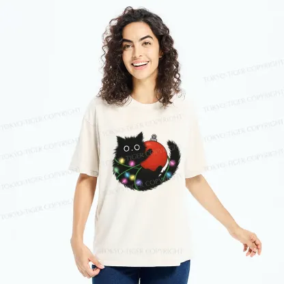 Tokyo-Tiger Black Cat Entangled In Light Strips Washed T-Shirt