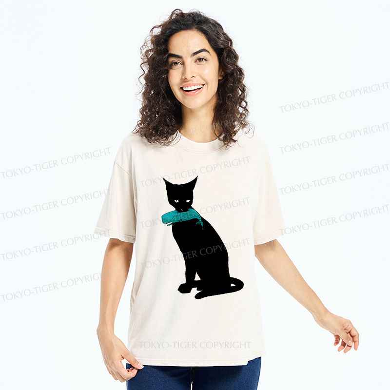 Tokyo-Tiger Cat Eats Whale Washed T-Shirt