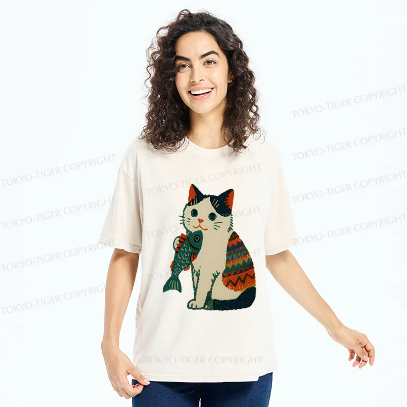 Tokyo-Tiger Retro Kitten Catching Fish Washed T-Shirt