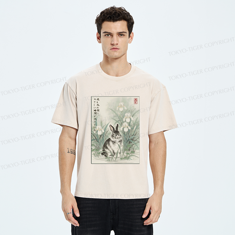 Tokyo-Tiger Little Rabbit Beneath the Blooming Irises Washed T-Shirt