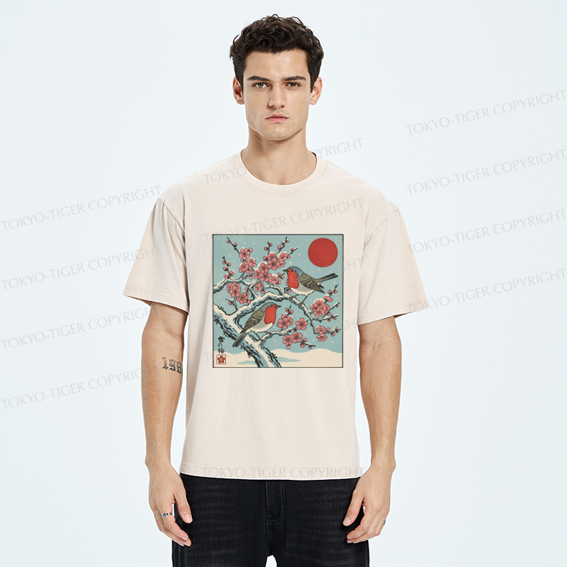 Tokyo-Tiger Winter Blossoms And Feathered Melodies Washed T-Shirt