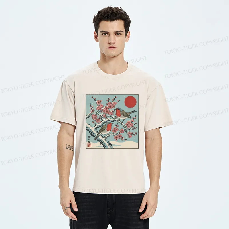 Tokyo-Tiger Winter Blossoms And Feathered Melodies Washed T-Shirt