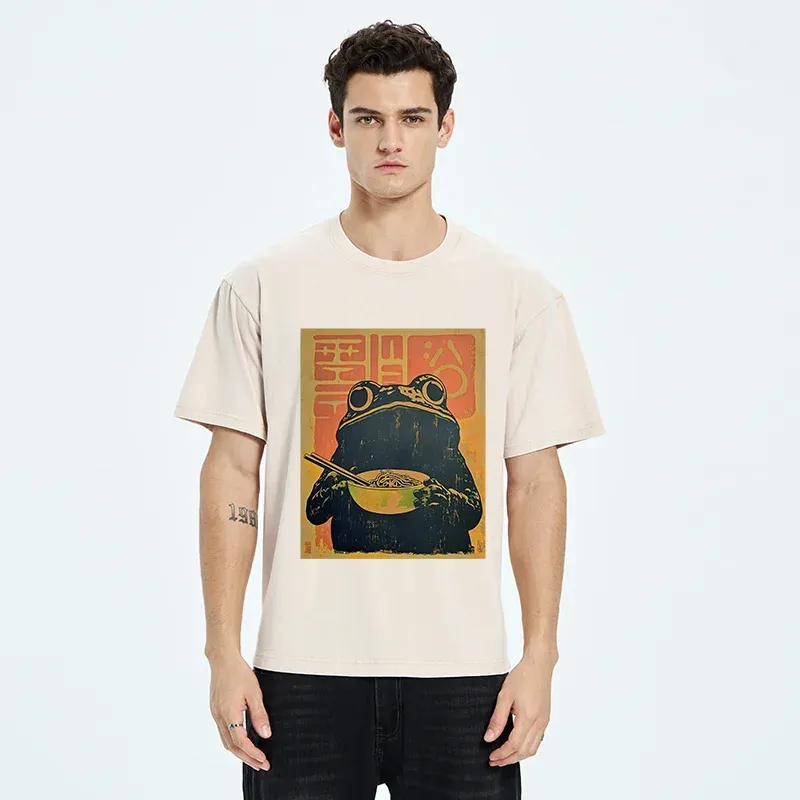 Tokyo-Tiger Retro Frog Eating Ramen Washed T-Shirt