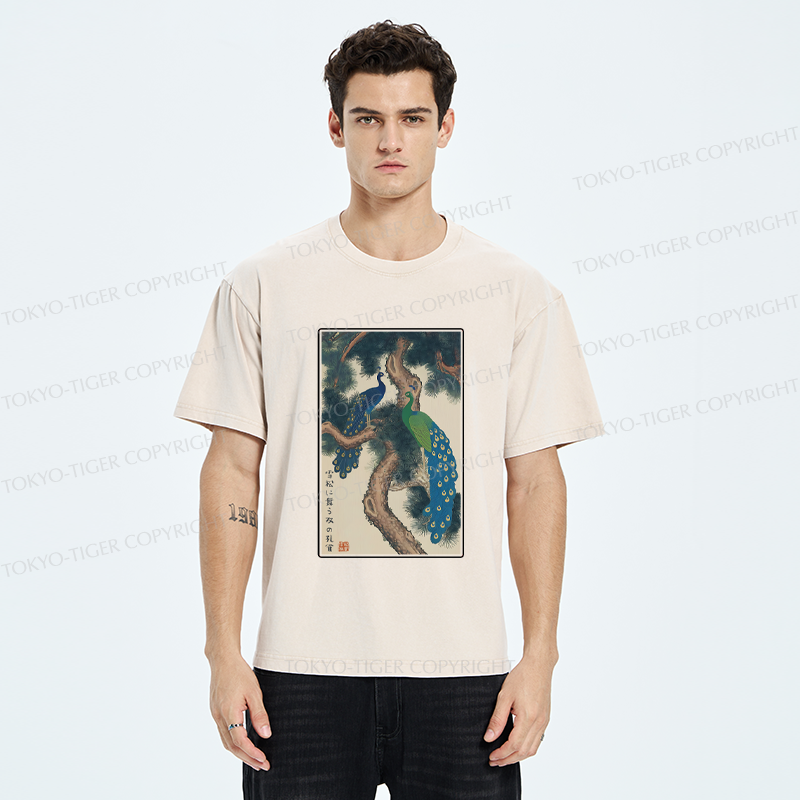 Tokyo-Tiger Peacocks in Snowy Pines Washed T-Shirt