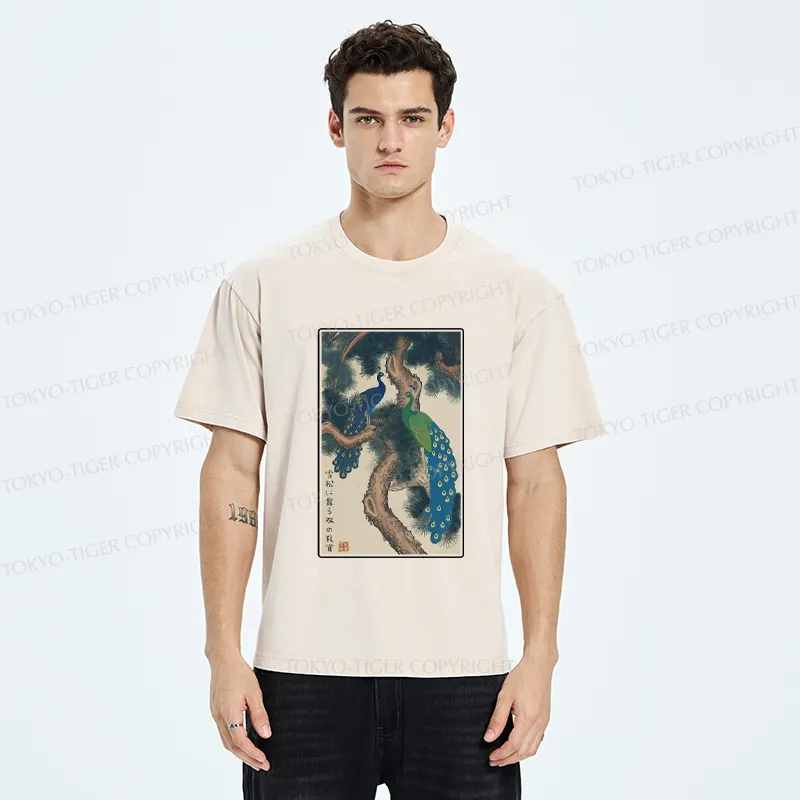 Tokyo-Tiger Peacocks in Snowy Pines Washed T-Shirt