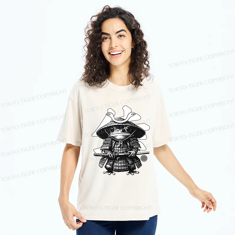 Tokyo-Tiger Frog Japanese Samurai Retro Washed T-Shirt