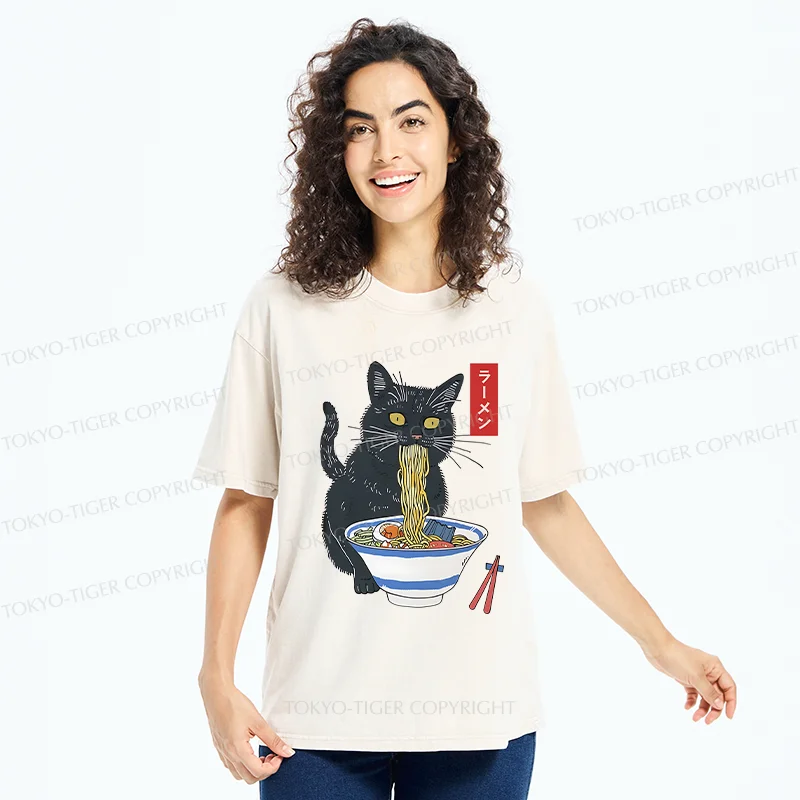 Tokyo-Tiger Black Cat Eats Delicious Ramen Washed T-Shirt