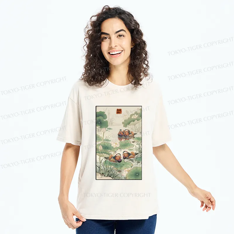 Tokyo-Tiger Lotus and Mandarin Ducks Washed T-Shirt