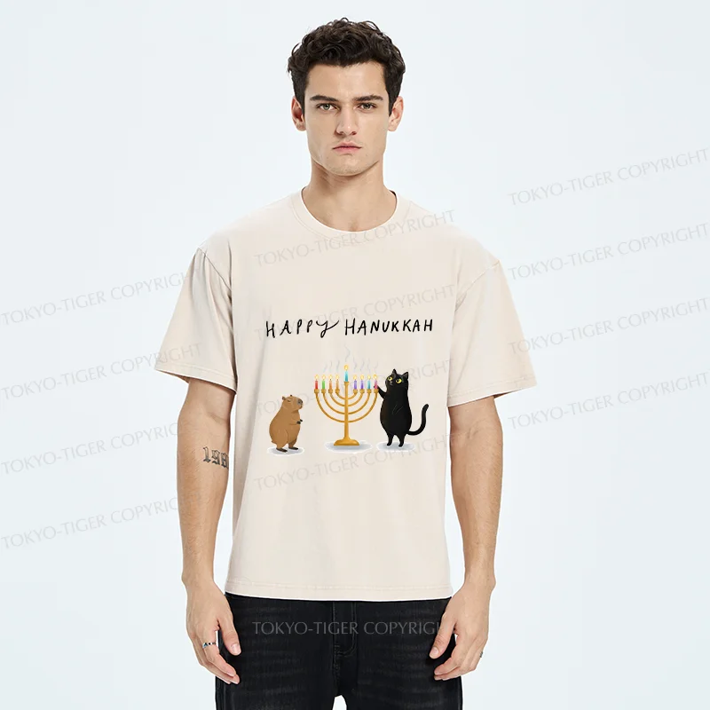 Tokyo-Tiger Cats Light Hanukkah Candles Washed T-Shirt