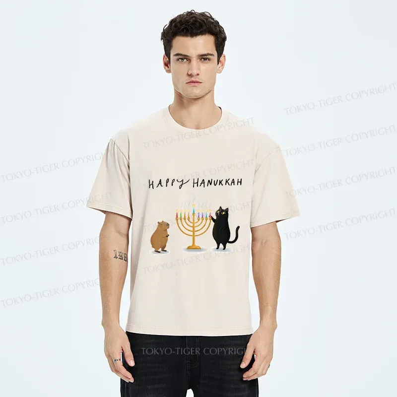 Tokyo-Tiger Cats Light Hanukkah Candles Washed T-Shirt