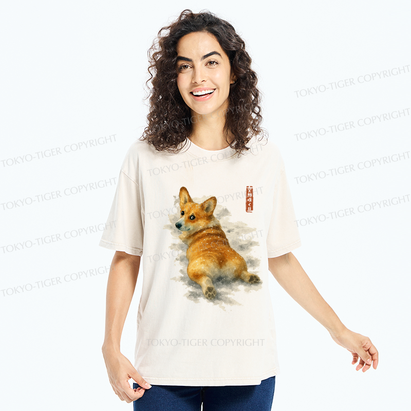 Tokyo-Tiger Corgi in the Snow Washed T-Shirt