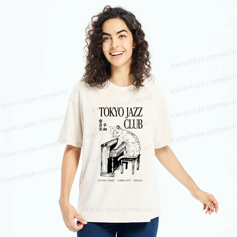 Tokyo-Tiger Cat Playing The Piano Washed T-Shirt