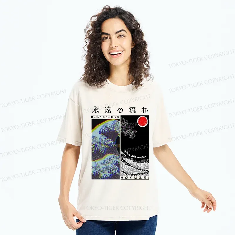 Tokyo-Tiger Ukiyo-e Wave Poster Washed T-Shirt