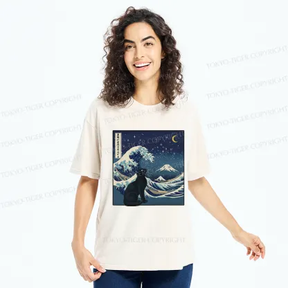 Tokyo-Tiger Cat Staring at the Starry Night Washed T-Shirt