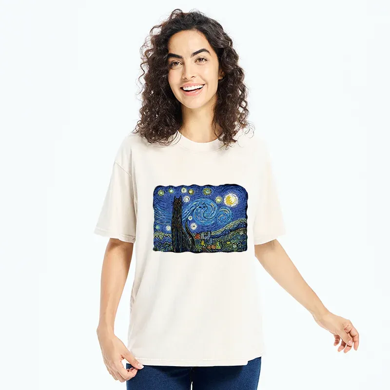 Tokyo-Tiger Cat Under The Starry Night Washed T-Shirt