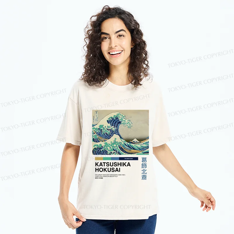 Tokyo-Tiger Japanese Ukiyo-e Waves Washed T-Shirt