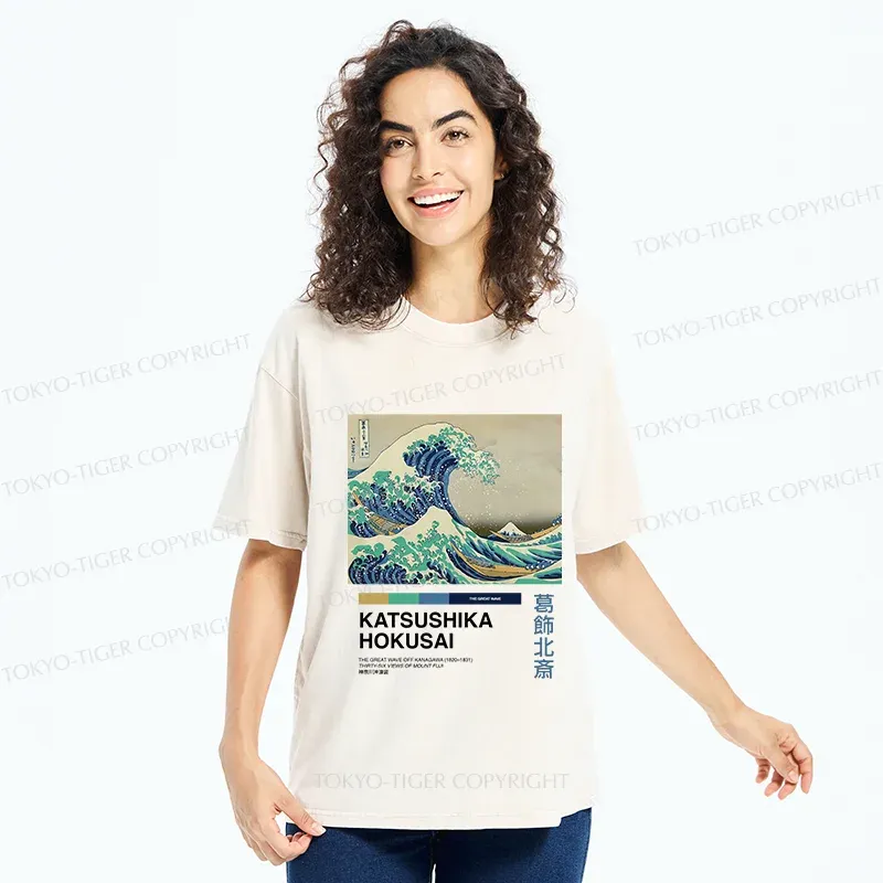 Tokyo-Tiger Japanese Ukiyo-e Waves Washed T-Shirt
