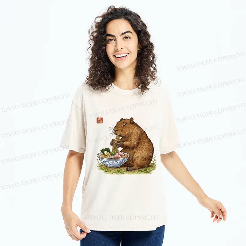Tokyo-Tiger Capybara Eating Delicious Ramen Washed T-Shirt