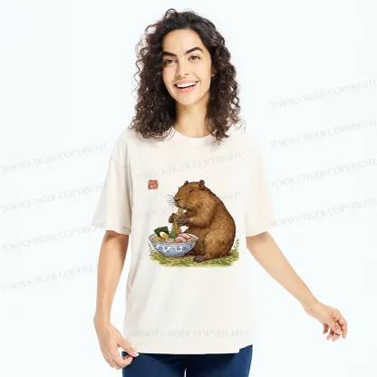 Tokyo-Tiger Capybara Eating Delicious Ramen Washed T-Shirt