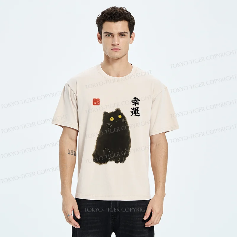 Tokyo-Tiger Lucky Black Cat Washed T-Shirt