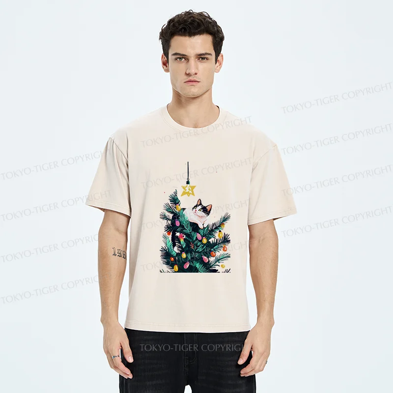 Tokyo-Tiger Cute Christmas Cat Washed T-Shirt