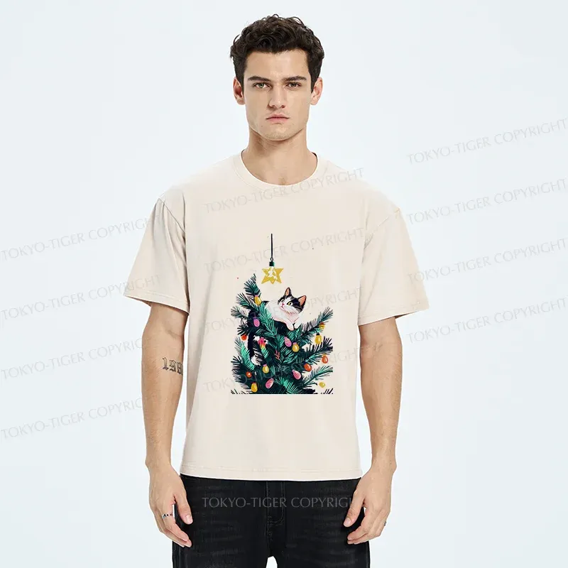 Tokyo-Tiger Cute Christmas Cat Washed T-Shirt
