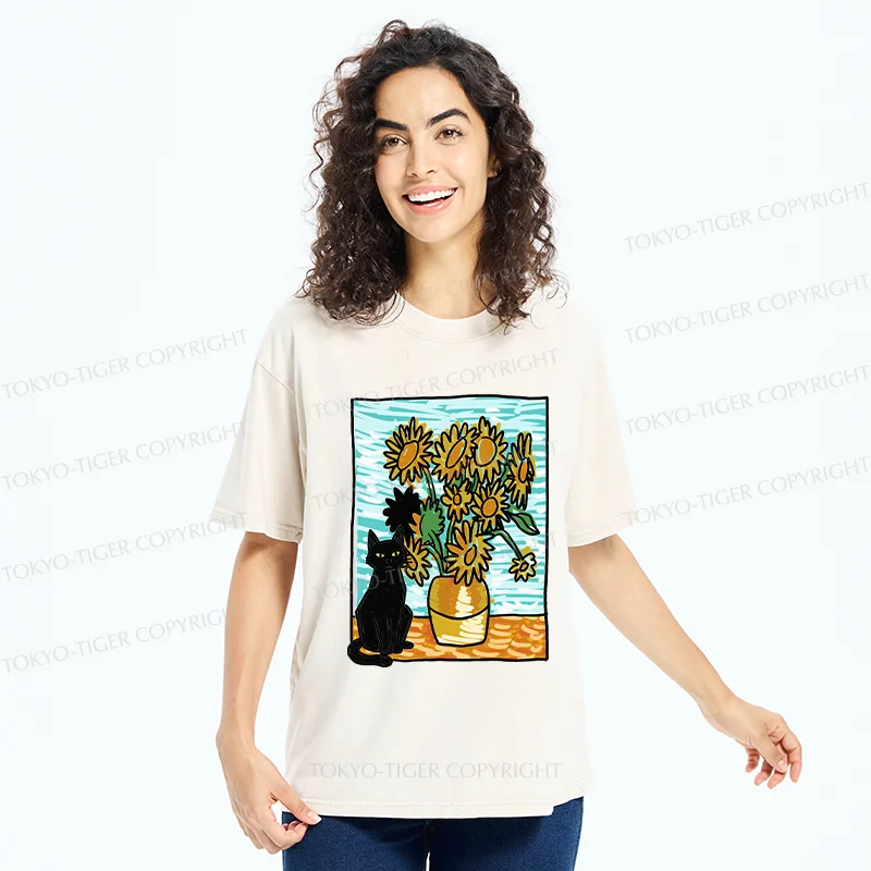 Tokyo-Tiger Black Cat And Sunflower Washed T-Shirt