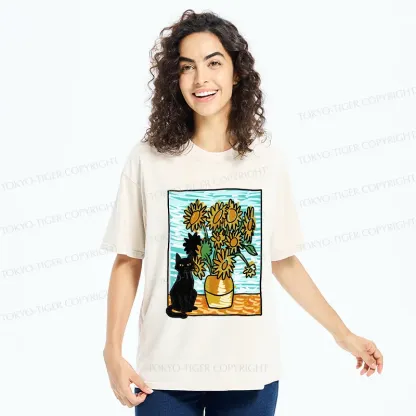 Tokyo-Tiger Black Cat And Sunflower Washed T-Shirt