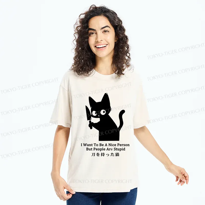 Tokyo-Tiger Black Cat With A Knife Washed T-Shirt