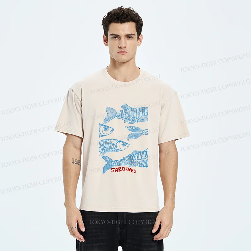 Tokyo-Tiger Sardine Woodcut Washed T-Shirt