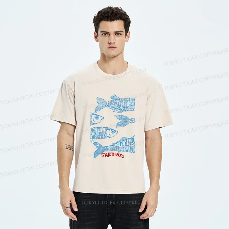Tokyo-Tiger Sardine Woodcut Washed T-Shirt