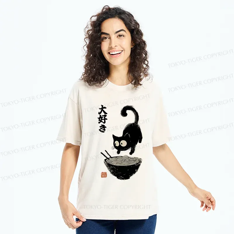 Tokyo-Tiger Retro Cat Eats Delicious Ramen Washed T-Shirt