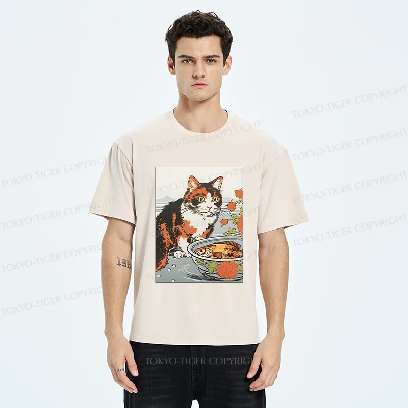 Tokyo-Tiger Cat Watching Koi Washed T-Shirt