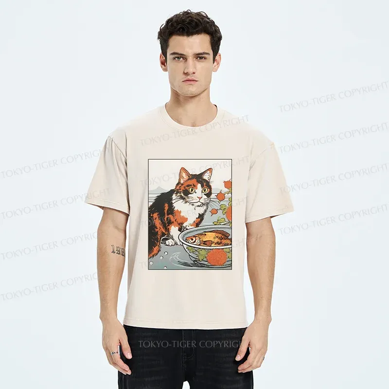 Tokyo-Tiger Cat Watching Koi Washed T-Shirt