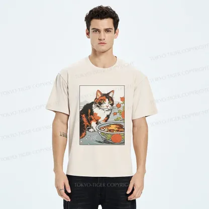 Tokyo-Tiger Cat Watching Koi Washed T-Shirt