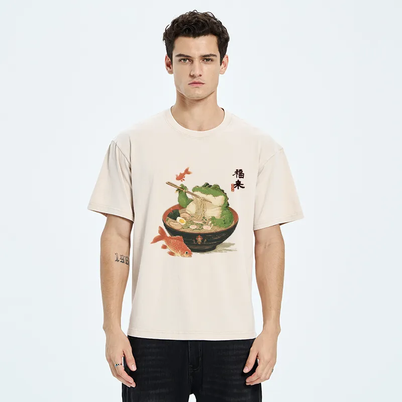 Tokyo-Tiger Fat Crocodile Eating Ramen Washed T-Shirt
