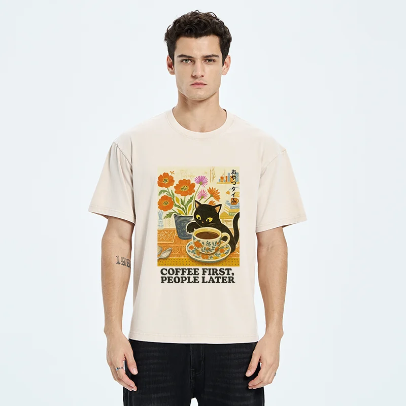 Tokyo-Tiger Kitten Drinks Coffee First Washed T-Shirt