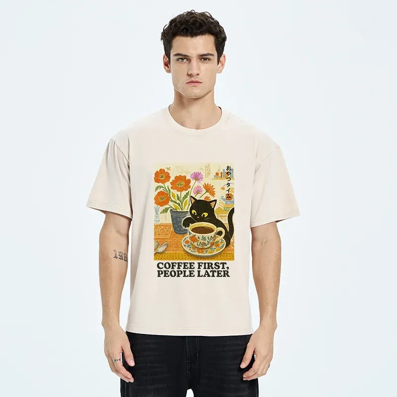 Tokyo-Tiger Kitten Drinks Coffee First Washed T-Shirt