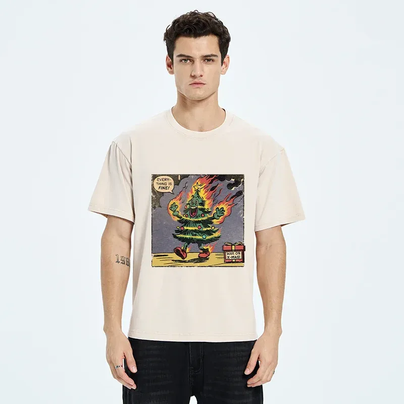 Tokyo-Tiger Christmas Tree On Fire Washed T-Shirt